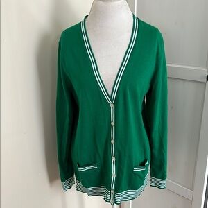 Lands' End Green V-Neck Cardigan with White Trim